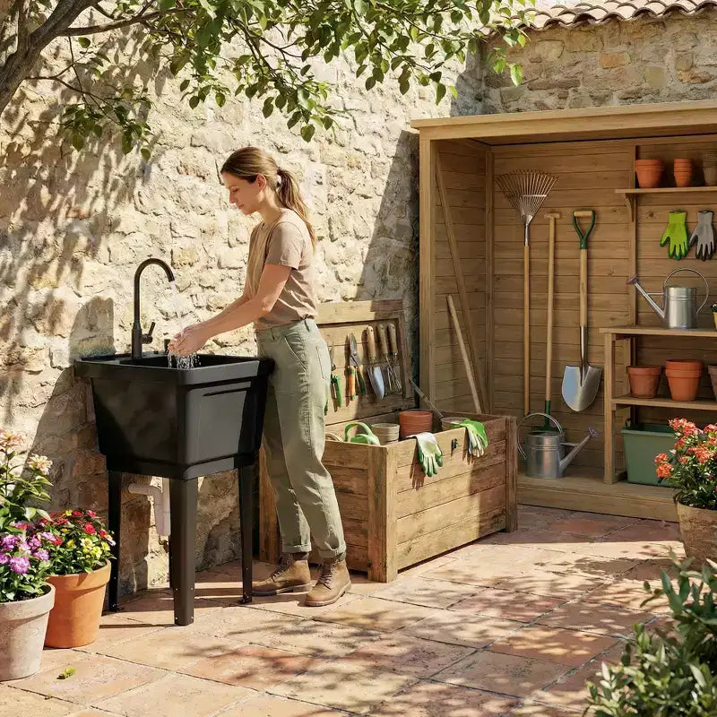 Tragbarer Spülbecken Waschtrog, Freistehendes Waschbecken mit Wasserhahn Seifenspender Schläuchen