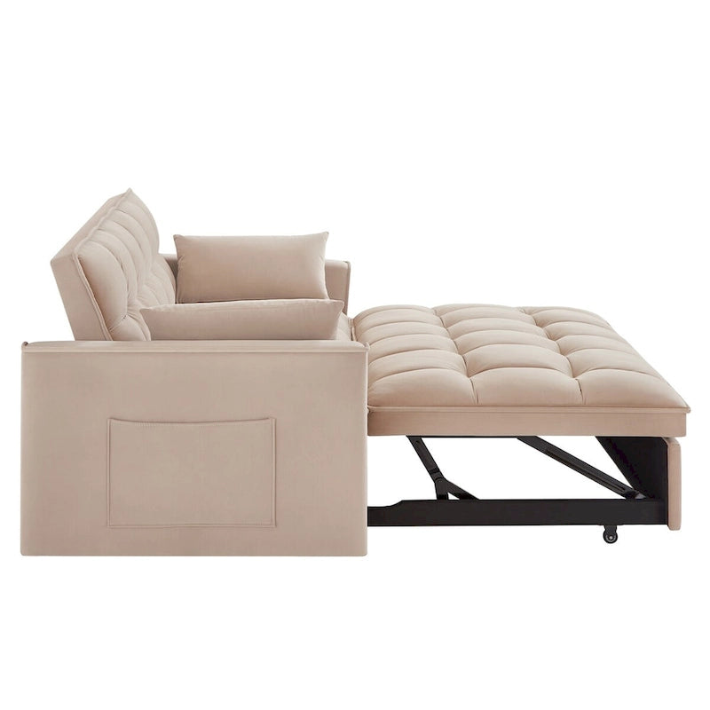 4-in-1 Loveseat Schlafsofa mit Armlehnen & Aufbewahrungstaschen, Multifunktionales getuftetes Ausziehsofa mit verstellbarer Rückenlehne