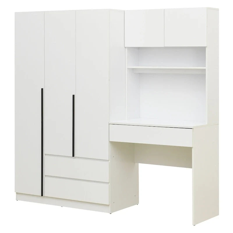 3-in-1 Kleiderschrank mit Schminktisch, Schreibtisch-Set, Schlafzimmer-Schrank mit 2 Schubladen, 3-türiger Aufbewahrungsschrank mit Schreibtisch