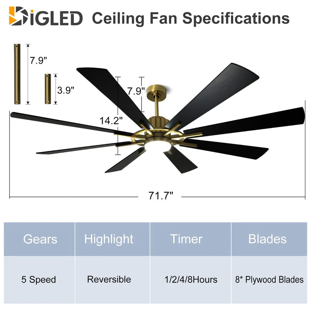 Deckenventilator mit Beleuchtung, Fernbedienung, groß, 8 Holzflügel