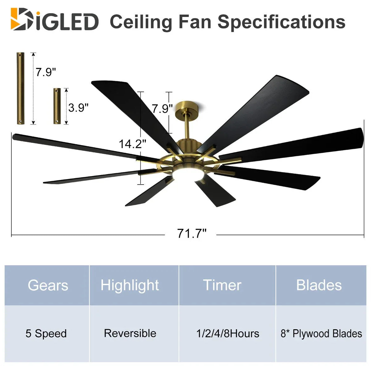 Deckenventilator mit Beleuchtung, Fernbedienung, groß, 8 Holzflügel