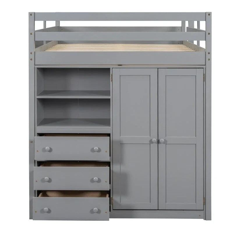 Vollholz-Hochbett mit integriertem Kleiderschrank, Schreibtisch, Ablagefächern und Schubladen