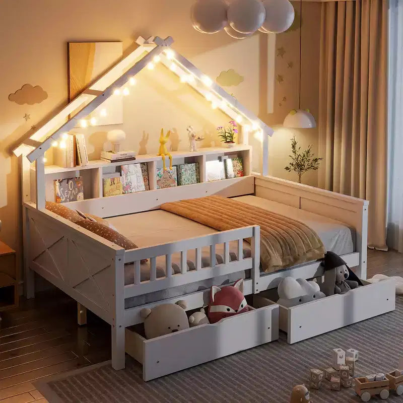 Hausbettgestell in voller Größe mit Schubladen, Haus-Plattformbett mit LED-Beleuchtung, Ablagefächern und Schubladen, Tagesbett aus Holz mit Dach und Geländer