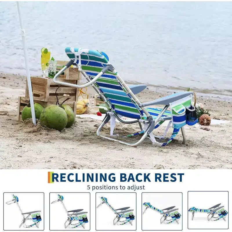 Acekool 2er-Pack leichter Rucksack-Strandstuhl, faltbarer Liegestuhl mit 5 Positionen für Erwachsene mit Gurten, Getränkehalter und Handtuchstange, belastbar bis 136 kg