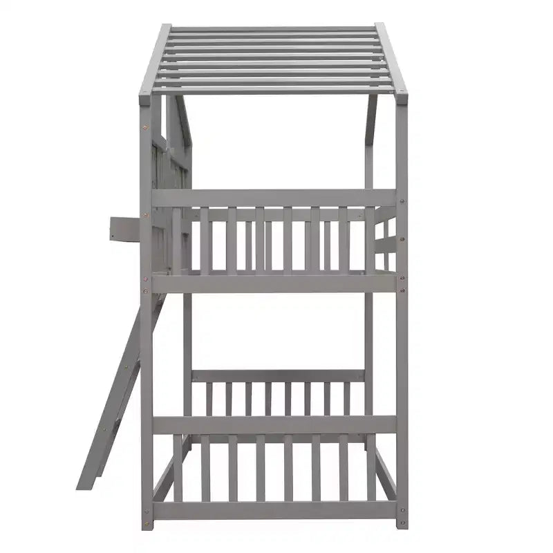 Doppel-Loftbett in Hausform, Holzspielhaus-Loftbett mit Leiter und Schutzgittern für Kinder
