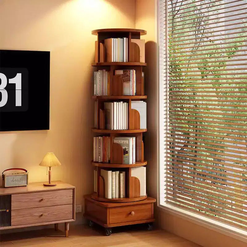 Chic Crate 6-stöckiges, um 360° drehbares Eckregal mit Rollen, schmales Bücherregal für kleine Räume, Nussbaumbraun