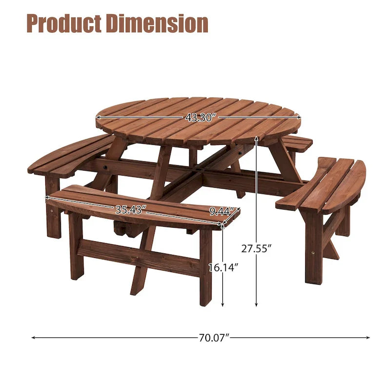 8-Personen Outdoor-Picknick-Esstisch-Garnitur aus Tannenholz, rund, mit 4 integrierten Bänken und Sonnenschirmloch