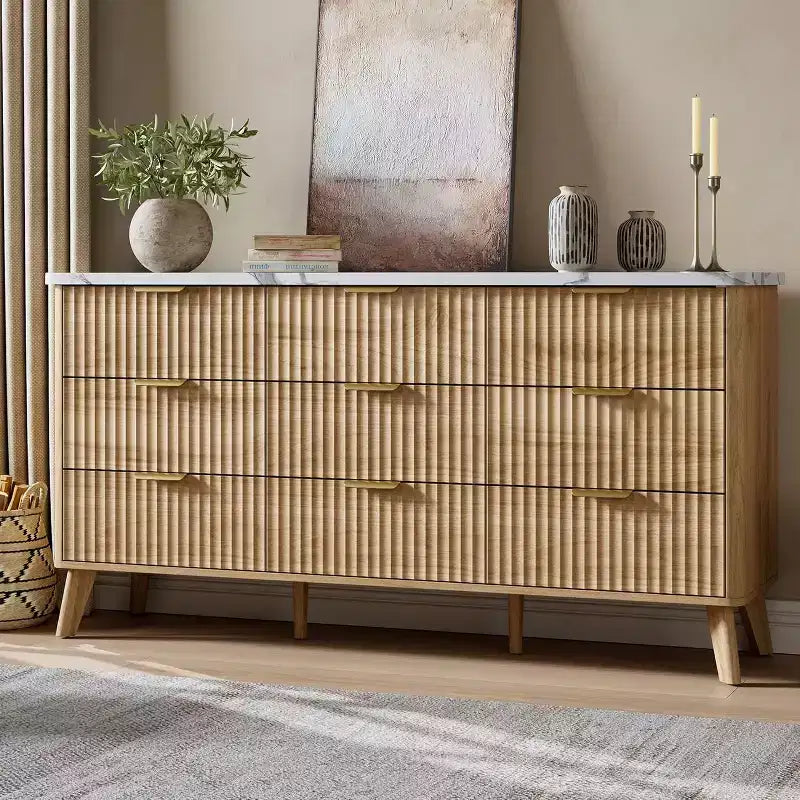 Kommode mit 9 Schubladen, gerillt, moderne Kommode, Holzkommode als TV-Ständer, geschwungenes Profil, für Wohnzimmer, Flur