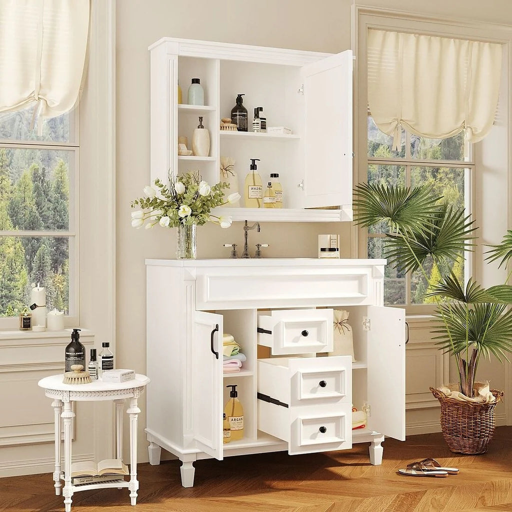 Moderner 36'' Badschrank mit Aufsatzwaschbecken und Spiegelschrank, 2 Türen und 2 Schubladen
