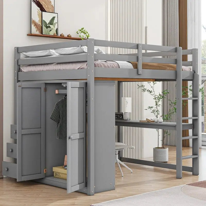 Vollholz-Hochbett mit integriertem Kleiderschrank, Schreibtisch, Ablagefächern und Schubladen