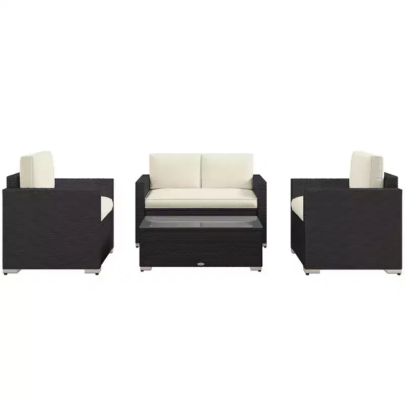 4-teiliges Rattan-Sofa-Set, Korbsessel-Set mit Zweisitzer, Couchtisch mit Glasplatte für Garten und Außenbereich