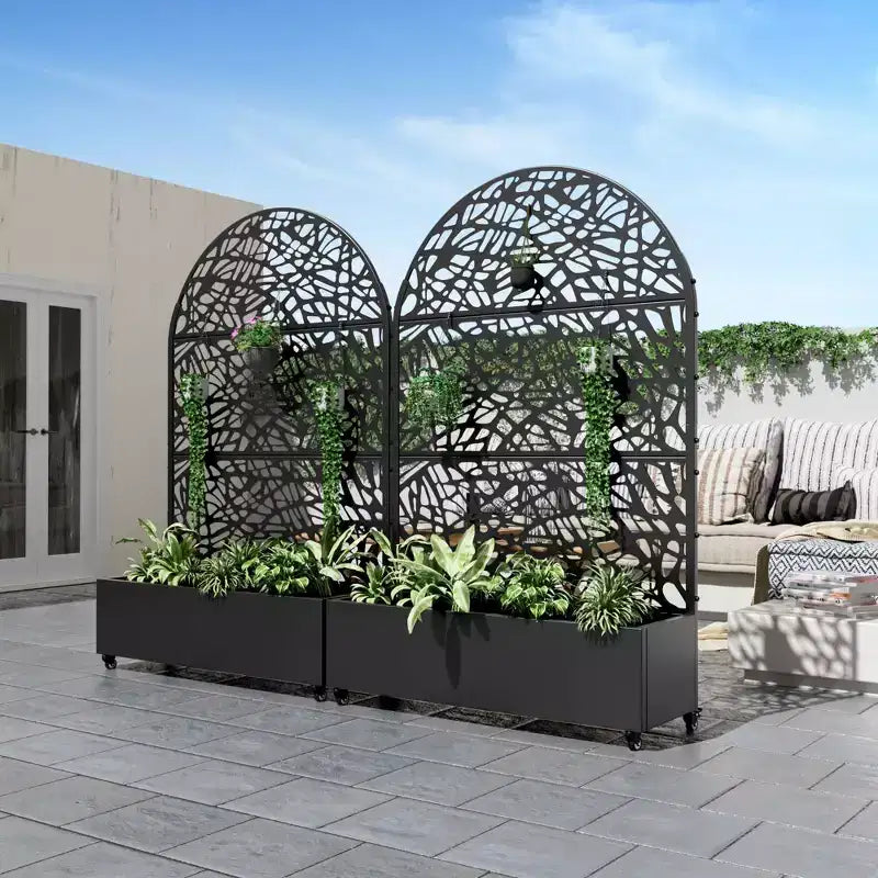 MAYEERTY 72x47 Schwarzer gewölbter Eisen-Pflanzkasten mit Spalier, 3-teiliges Set, dekorativer Gartensichtschutz für Terrasse und Balkon