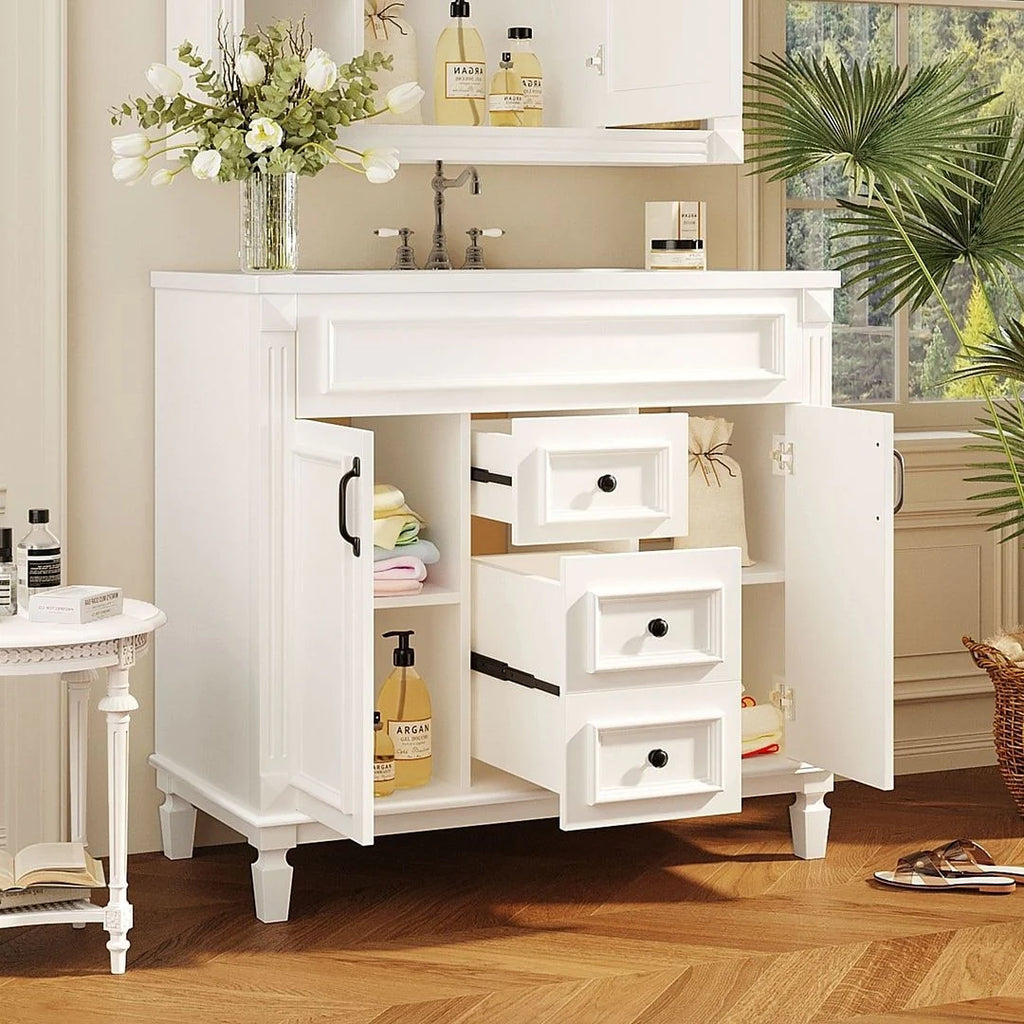 Moderner 36'' Badschrank mit Aufsatzwaschbecken und Spiegelschrank, 2 Türen und 2 Schubladen