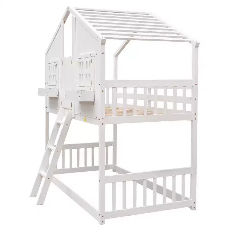 Doppel-Loftbett in Hausform, Holzspielhaus-Loftbett mit Leiter und Schutzgittern für Kinder