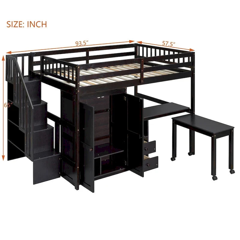 Doppelbett-Hochbett mit Treppe, Bücherregal, Schreibtisch und Kleiderschrank – platzsparendes Multifunktionsmöbel für Kinder & Jugendliche – Weiß