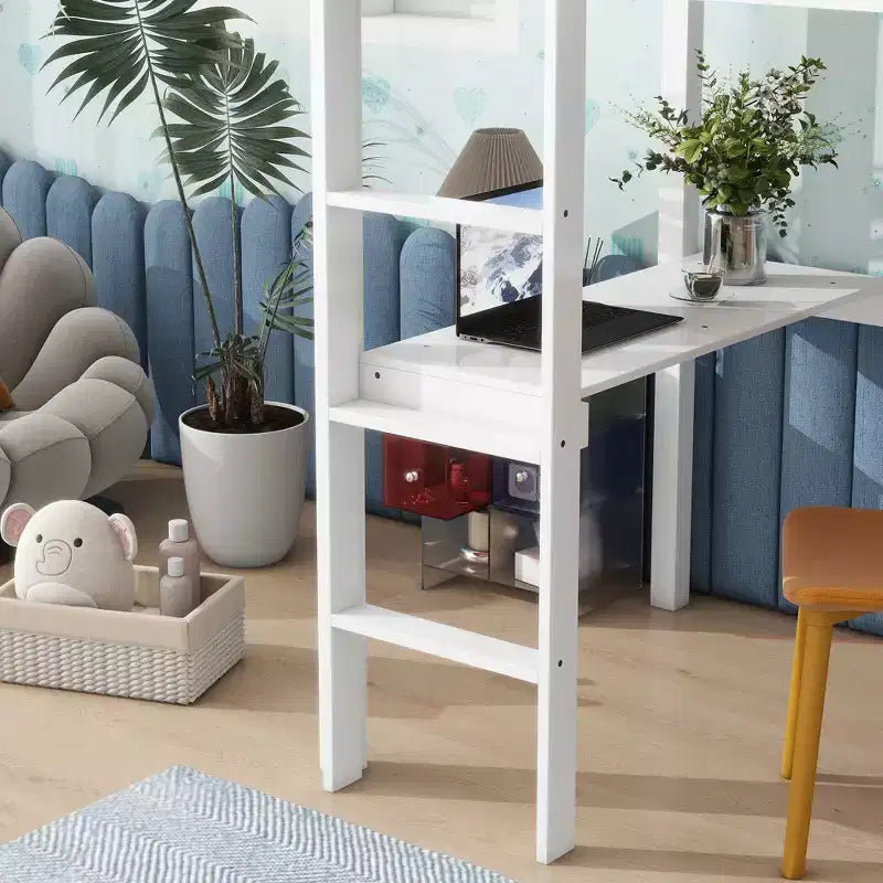 Okak Minimalism Hochbett mit Leiter, Hochbett aus Kautschukholz mit Sicherheitsgeländer und integriertem Schreibtisch, Bettrahmen für Kinder, Jugendliche