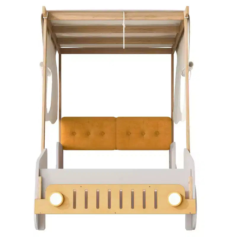Whisen Holzbett Auto mit Kissen, Decke und LED - Natur
