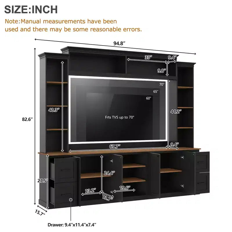 ModernLuxe 4-in-1 Bauernhaus Unterhaltungszentrum Wandregal, passend für Fernseher bis 70 Zoll, TV-Ständer Medienkonsole mit verstellbaren Regalen und Schubladen