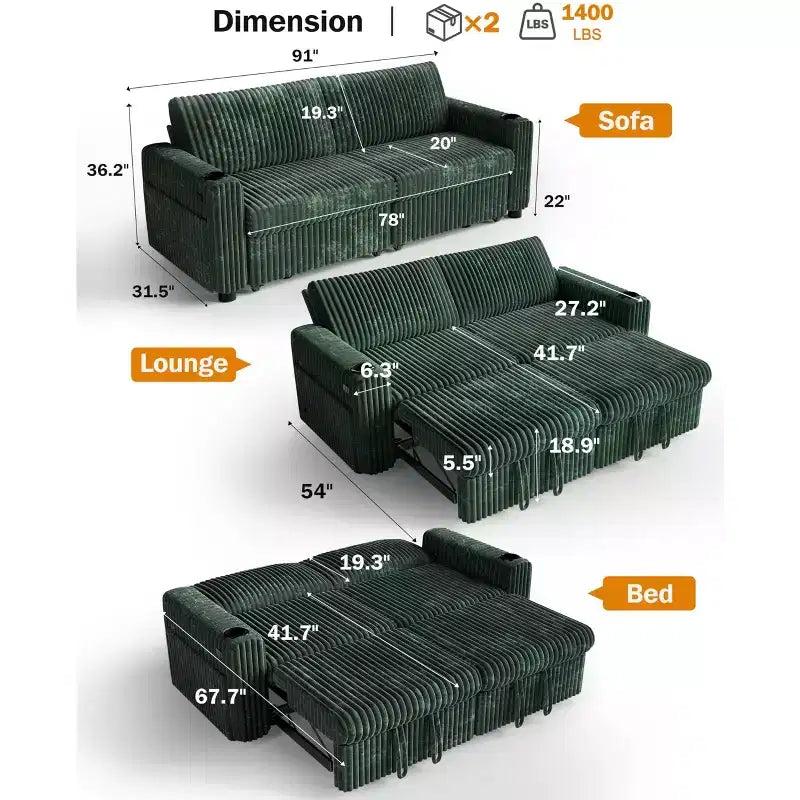 Dyonery 91 Sektional Schlafsofa mit Ausziehbett, verstellbarer Rückenlehne/zwei Ausziehbetten/USB-Anschlüssen/Getränkehaltern, Plüsch-Kordbezug