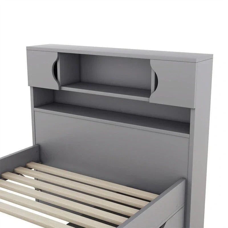 Doppel-/Full Size Captains-Plattformbett mit 4 Schubladen und Ablageflächen, Massivholz-Bettrahmen mit Stauraum-Bücherregal-Kopfteil