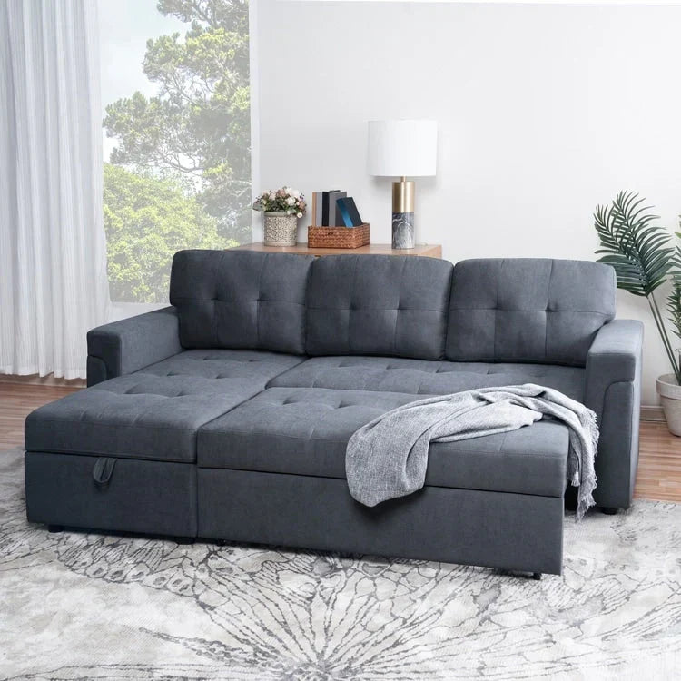 Verwandelbares, umbaubares Ecksofa mit ausziehbarem Schlafsofa, versteckter Aufbewahrung in der Récamiere und robusten Beinen