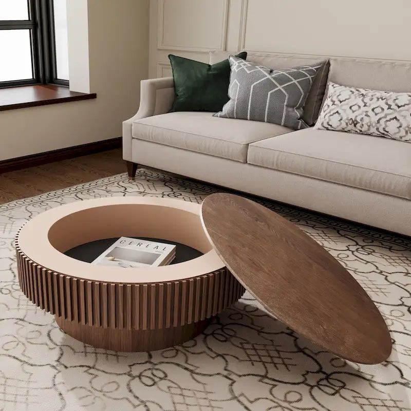Moderner runder Couch-/Teetisch aus massivholzfurniertem Holz mit Stauraum