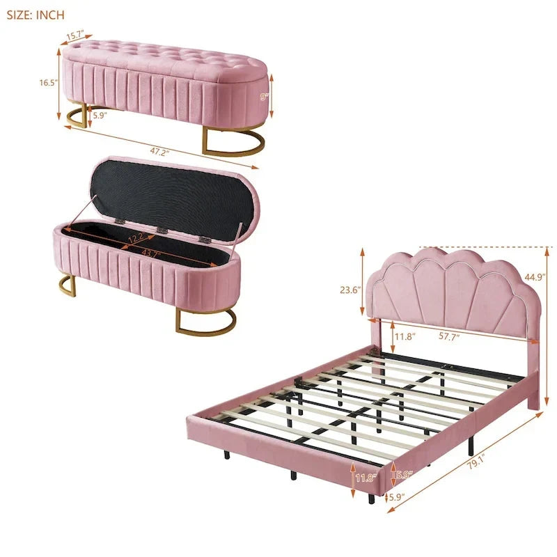 2-teiliges Schlafzimmerset mit LED-Podestbett in voller Größe und Stauraum-Ottomane