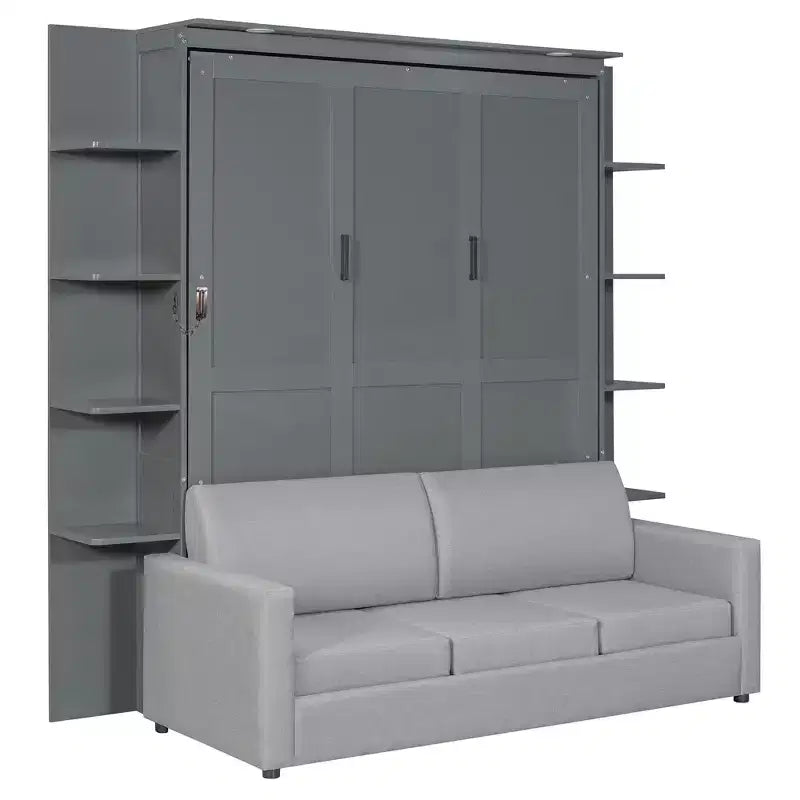 Queen Murphy-Bett Schrankbett mit Sofa, Queen-Size-Schrankbett Klappbett mit Bücherregal und Ablagen für Gästezimmer Büro