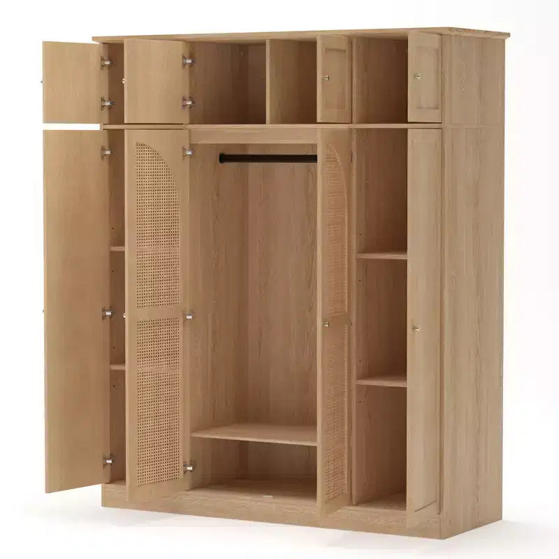 70.87Tall 8-türiger Kleiderschrank mit großer Kapazität, Kleiderstange, verstellbaren Regalböden und Rattantüren