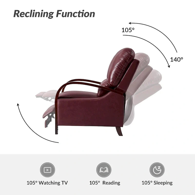 Alex Mid-Century Modern Zigarren-Sessel aus echtem Leder mit manueller Relaxfunktion und geschwungenen Holzarmlehnen