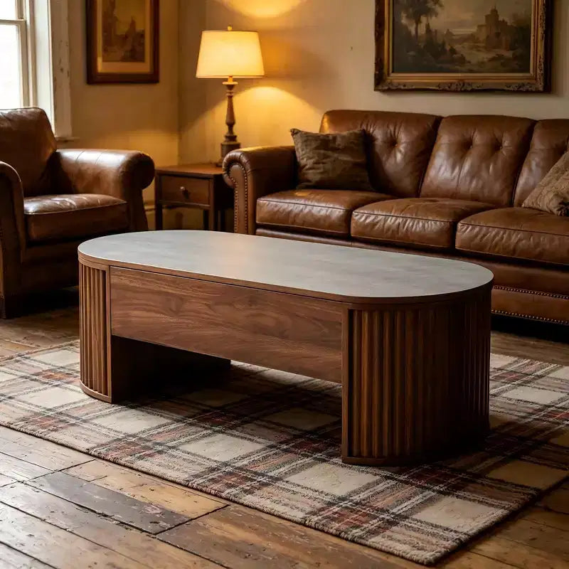47.2 Couchtisch mit Hebeplatte und verstecktem Fach, oval, braun