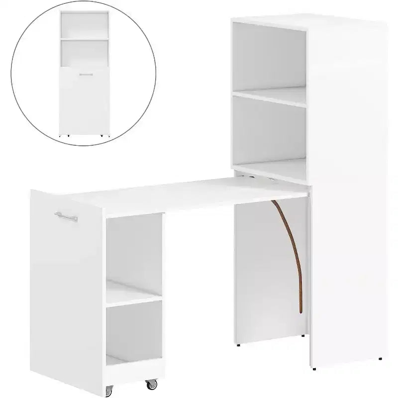 MooxvMoo Ausziehbarer Schreibtisch mit Ablageflächen und Rollen, klappbarer Computertisch für kleine Wohnungen und Home Offices, Weiß