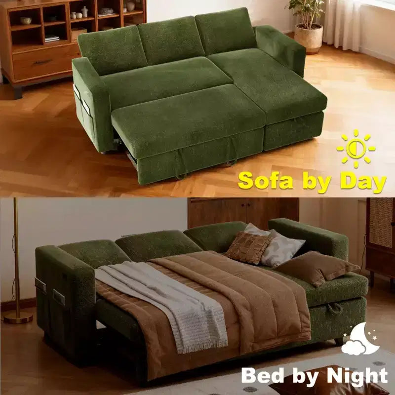 2-in-1 Schlafsofa zum Ausziehen mit Stauraum-Recamiere, Chenille-Ecksofa mit USB-Anschlüssen für das Wohnzimmer