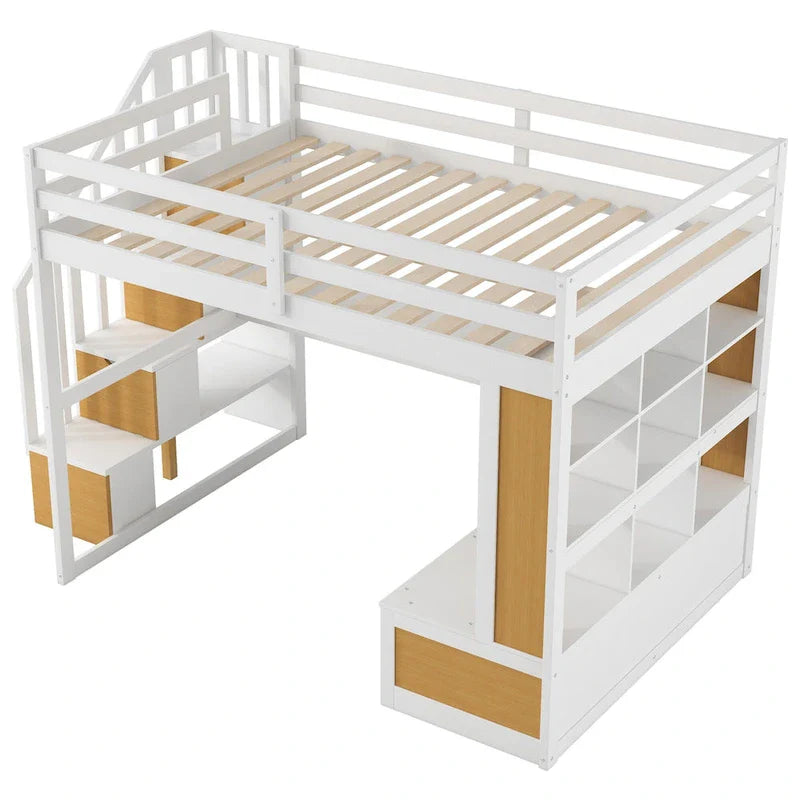 Dachbodenbett aus Massivholz (Natur+Weiß) mit Schreibtisch und Schubladen