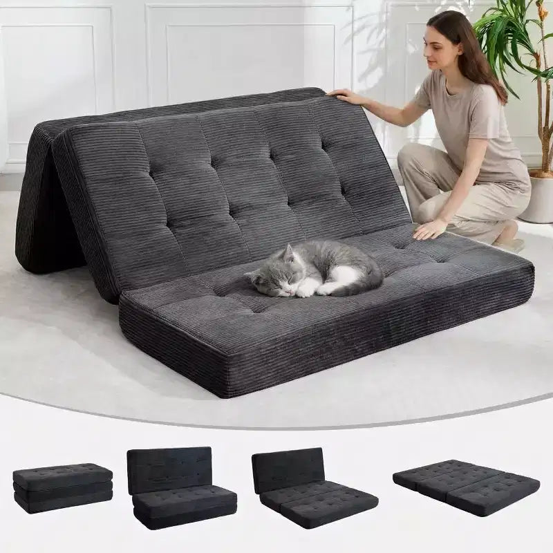 SunnyFurn 6 Zoll Dreifach-Klappmatratze Schlafsofa, 75x54,3 Schaumstoff-Gästebett mit getuftetem Cordbezug, tragbar für Camping, Wohnzimmer, Schlafzimmer