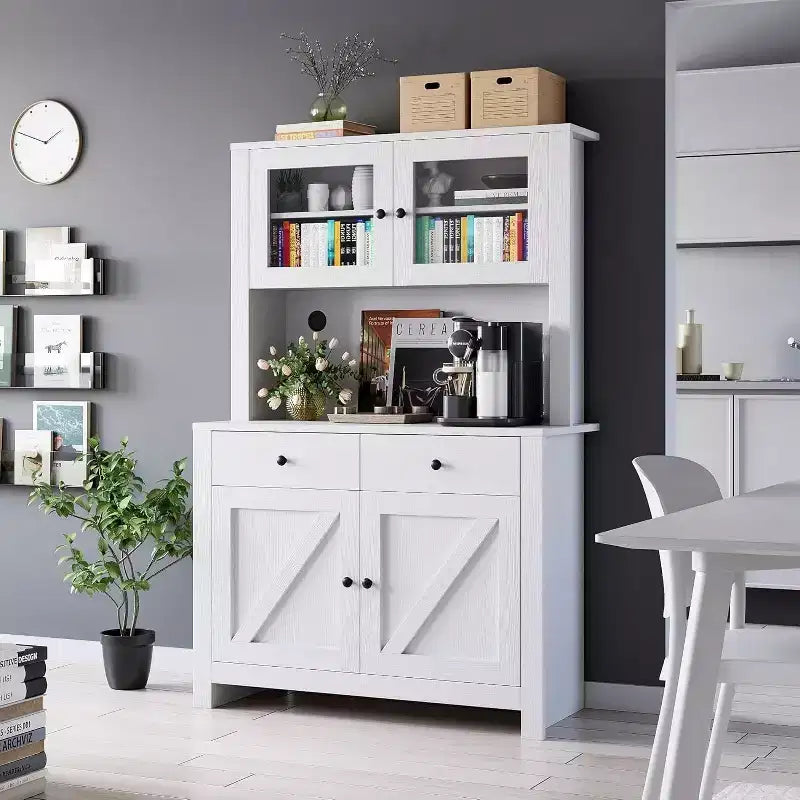 Küchenschrank mit Mikrowellenständer, Vitrinenschrank mit Anrichte und verstellbaren Einlegeböden, für Küche, Esszimmer