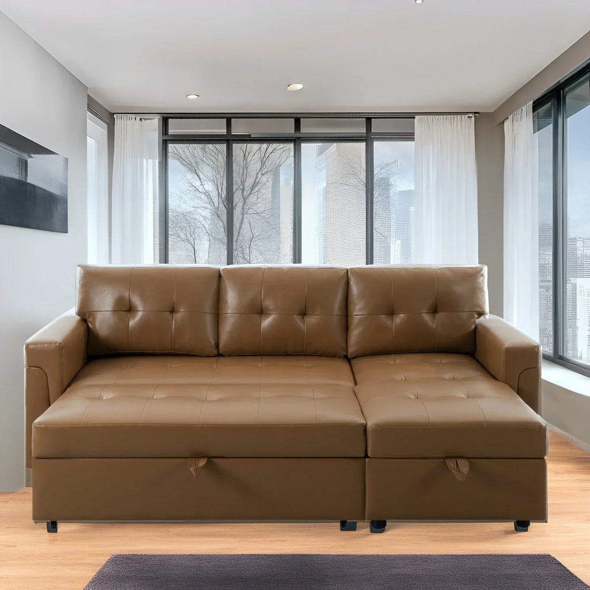 Verwandelbares, umbaubares Ecksofa mit ausziehbarem Schlafsofa, versteckter Aufbewahrung in der Récamiere und robusten Beinen