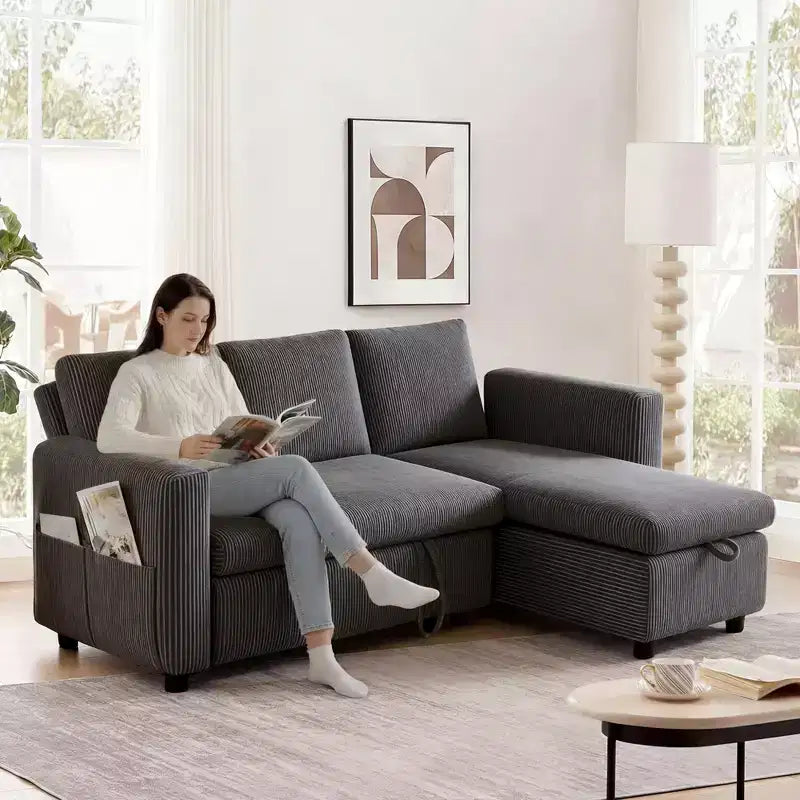 Dyonery 2-in-1 Schlafsofa ausziehbar mit Stauraum-Recamiere, Cord-Ecksofa mit USB-Anschlüssen für das Wohnzimmer