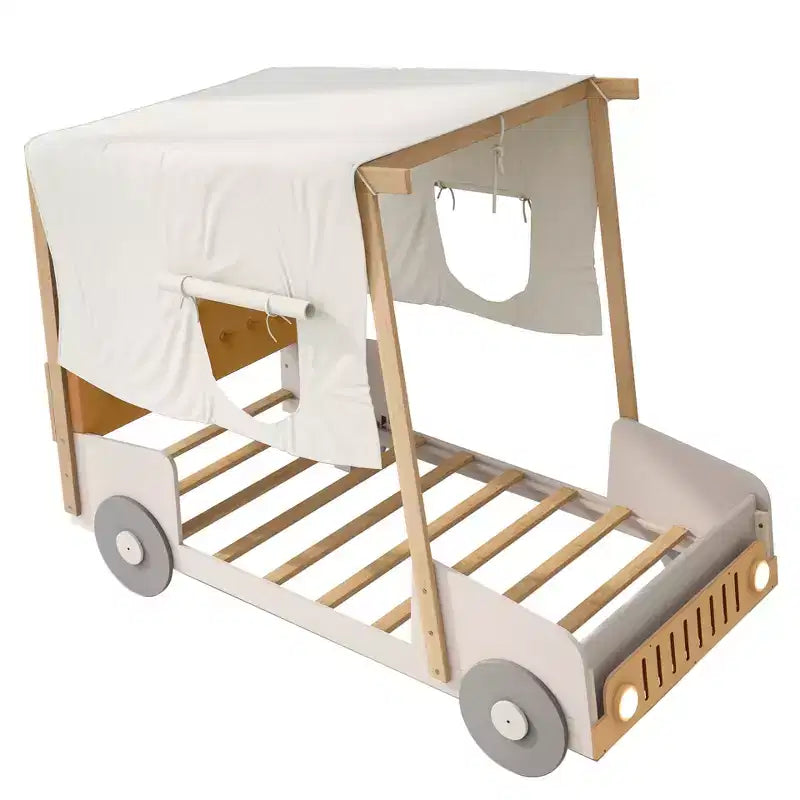 Whisen Holzbett Auto mit Kissen, Decke und LED - Natur