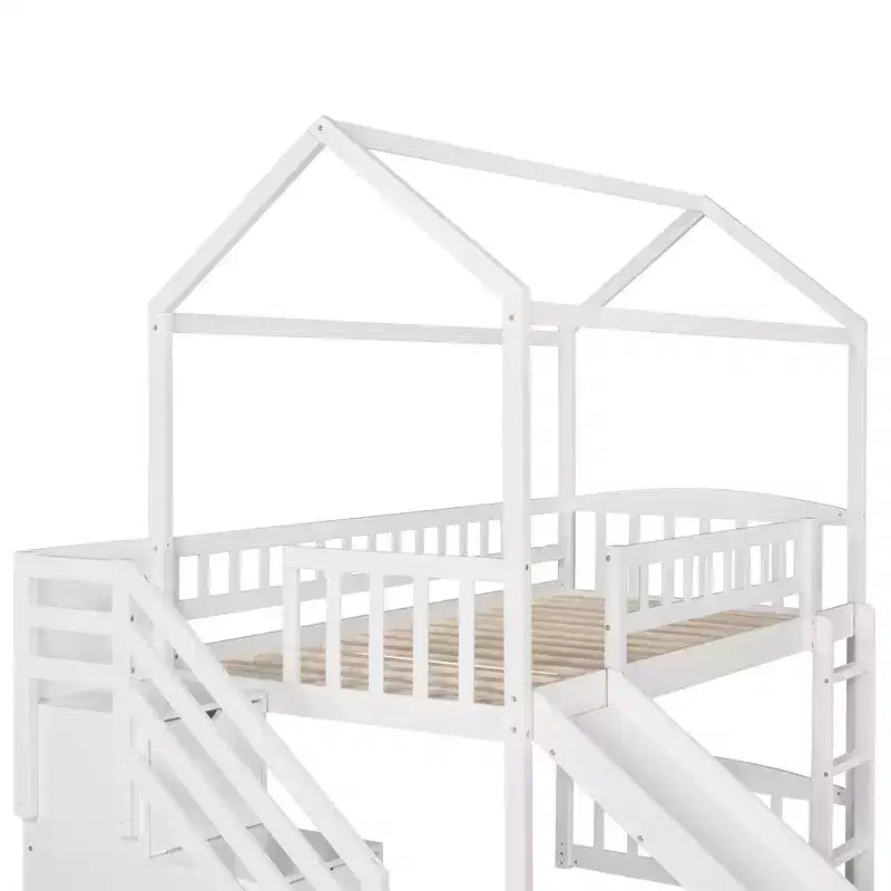 Doppelhaus-Hochbett mit Rutsche und Treppe, Hochbett mit Aufbewahrungsschubladen, Holzhaus-Hochbett für Kinder und Kleinkinder