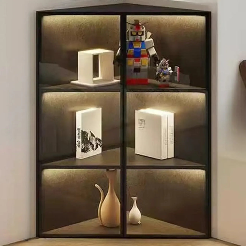 Modernes graues Eck-Standregal aus Metall und Holz mit Glastür