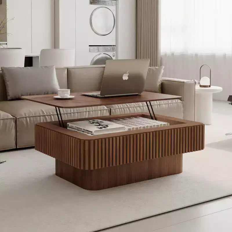 JVNOXK 38.6'' Geriffelter Couchtisch mit Stauraum und Liftfunktion, Massivholzfurnier Höhenverstellbarer Moderner Akzenttisch für Wohnzimmer, Schlafzimmer, Walnuss