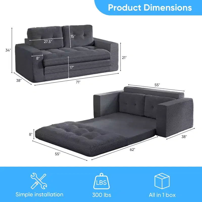 Mjkone 71" 2-in-1 Schlafsofa, umwandelbar, gerippter Stoff, klappbares Zweisitzer-Schlafsofa mit geknöpften Polstern, platzsparend