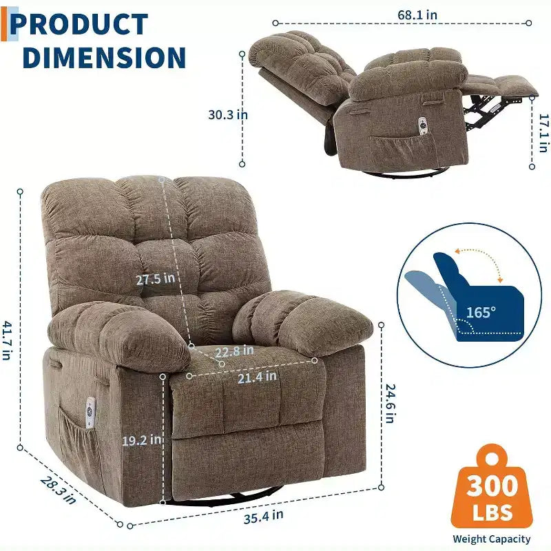 Massage-Liegesessel mit Heizfunktion – 360° drehbarer Schaukelstuhl, überdimensioniertes Einzelsitzer-Sofa mit Vibration, USB-Anschluss und Aufbewahrungstaschen für Wohnzimmer/Schlafzimmer