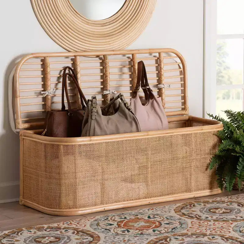 bali & pari Ishana Natur Rattan-Aufbewahrungsbank Natur/Weiß: Bezug Polyester, Rahmen aus Sperrholz, kein Aufbau erforderlich