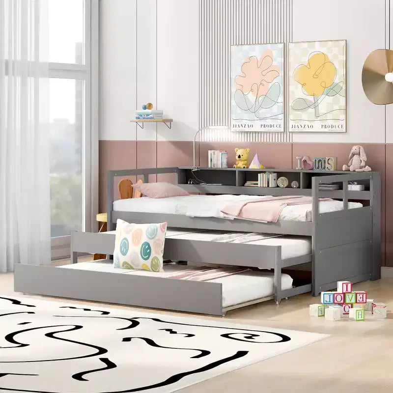 Whisen Twin XL Tagesbett aus Holz mit 2 Ausziehbetten, 3 Staufächern, 1 kostenloser Leuchte und USB-Ladefunktion