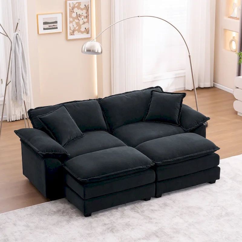 2-Sitzer-Sofa mit 2 Kissen, 2 Polstern und 2 Hockern, bequemes Sofa – Tiefes Wohnzimmersofa, Modulsofa