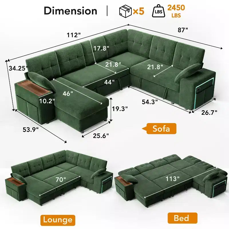 Dyonery 112 Modulares Schlafsofa mit Ausziehfunktion, U-förmiges Schnittsofa mit Stauraum, extra breite und tiefe Sitzflächen für das Wohnzimmer