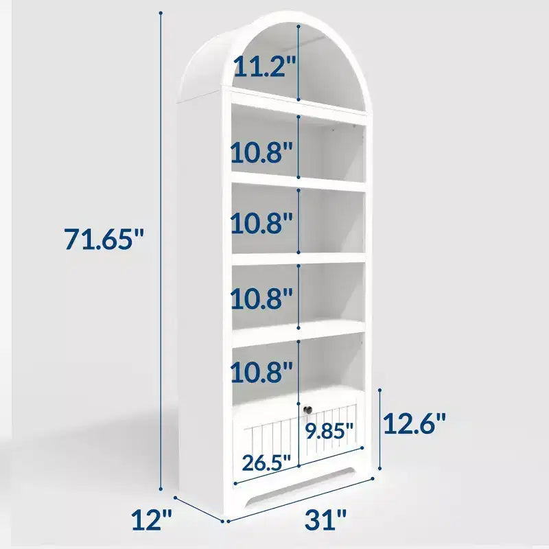 72" geschwungenes Bücherregal mit Aufbewahrungsschublade, modernes 6-stöckiges Holzregal mit offenen Fächern und unterer Schublade, gebogene Schranktür