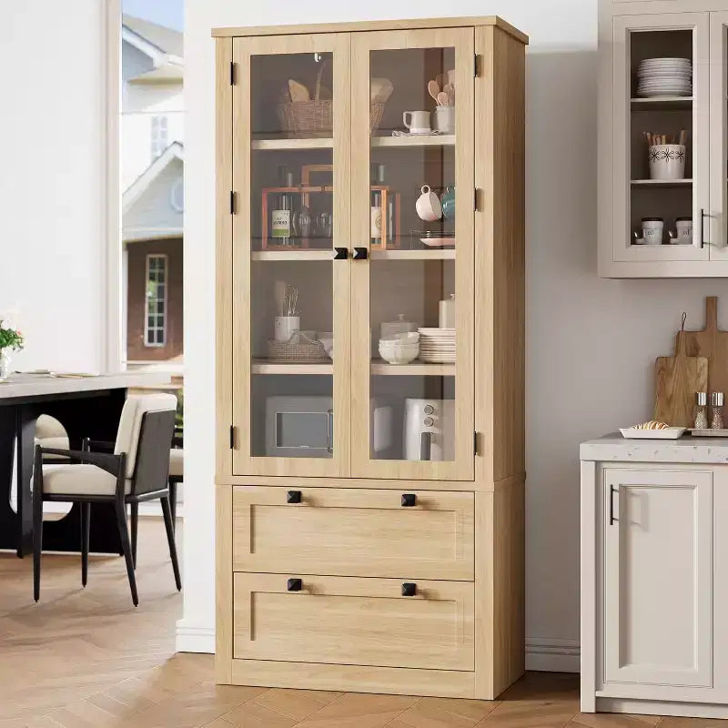Farmhouse Küchenschrank mit Glastüren, 183 cm Vorratsschrank mit Schubladen und verstellbaren Regalböden für Esszimmer, Bad, Wohnzimmer